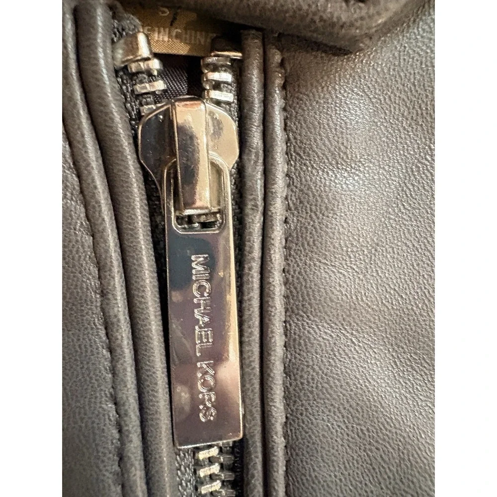 Michael Michael Kors Dark Gray Leather Moto Jacket Women's Small Silver Coat